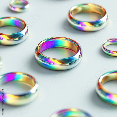 Iridescent Rings Arrangement: A collection of shimmering rings, each reflecting a spectrum of vibrant colors, are artfully arranged on a clean surface.