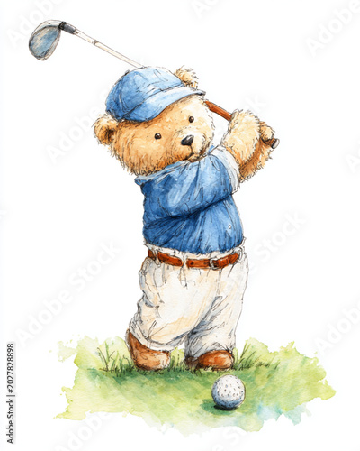 Teddy Bear Playing Golf On Green Grass Wearing Blue Cap For Sports Concepts