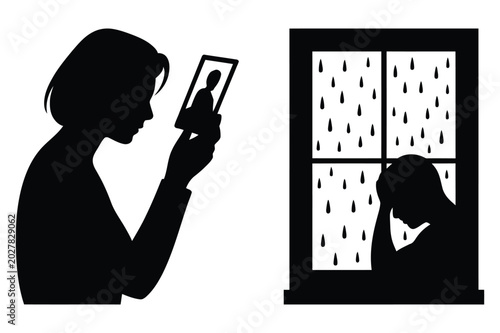 Fotografia Silhouette of a woman feeling lonely and looking at a rainy window with silhouet