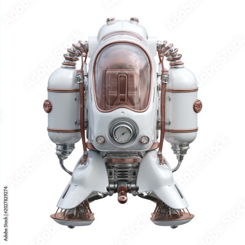 Steampunk Mechanical Suit: An intricately designed white and copper steampunk mechanical suit, reminiscent of retro-futuristic technology, stands ready for adventure.