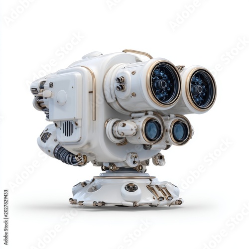 Futuristic Surveillance Device: A sleek, white, futuristic surveillance device with multiple lenses and intricate mechanical details stands ready for operation.