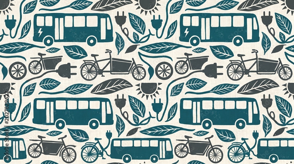 Green Eco Transport Network Folk Art Pattern