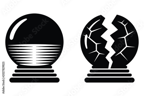 Foto Set of intact and cracked crystal ball icons illustrating fortune and loss