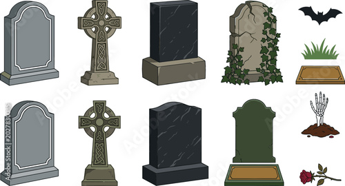 Принти на полотні Halloween Graveyard Tombstone Collection Vector Illustration Featuring Cemetery