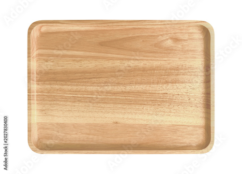 Top view rectangular wooden tray isolated on white background