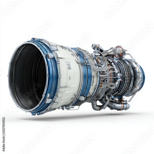 Jet Engine Precision: A detailed view of a powerful jet engine, showcasing its intricate design and complex machinery, a marvel of modern engineering.