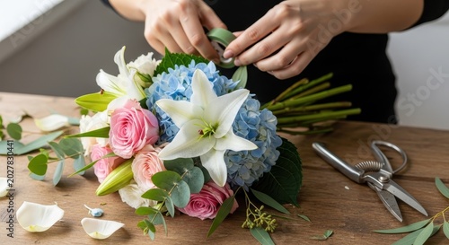 A person skillfully arranges fresh flowers in a small vase on a wooden table with elegant natural light.