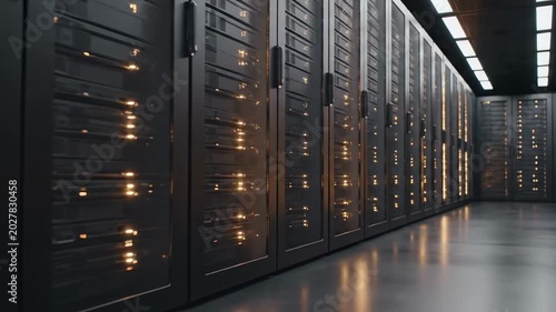 Warm lit data storage infrastructure hall with long rows of dark server cabinets, amber activity lights, polished floor reflections, and secure enterprise computing environment interior aisle