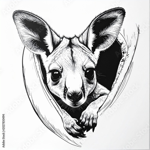 Baby Kangaroo Peeking from Pouch Line Art Black and White Animal Illustration