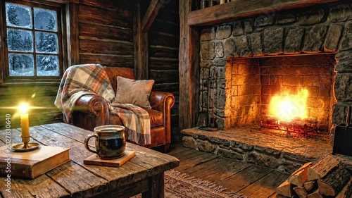 Cozy Rustic Cabin Interior With Fireplace and Hot Coffee During Snowy Winter Night
