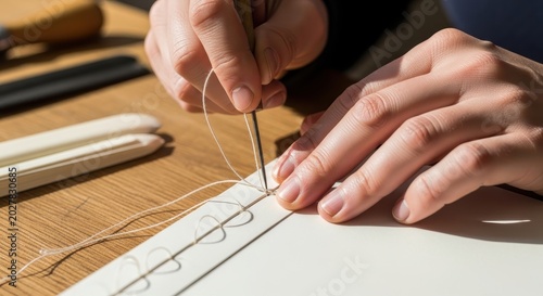 A person skillfully threads a needle with string on a wooden table surrounded by crafting tools and materials in a quiet indoor setting with hands.
