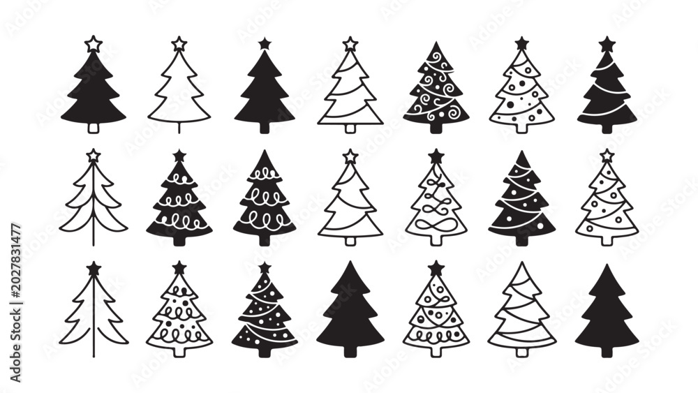 Obraz premium Collection of stylized Christmas tree icons with various holiday decorations designs