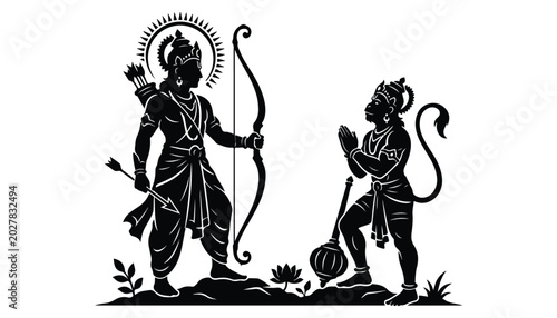 Bild auf Leinwand black and white silhouette of Lord Ram and Hanuman very high quality vector illustration