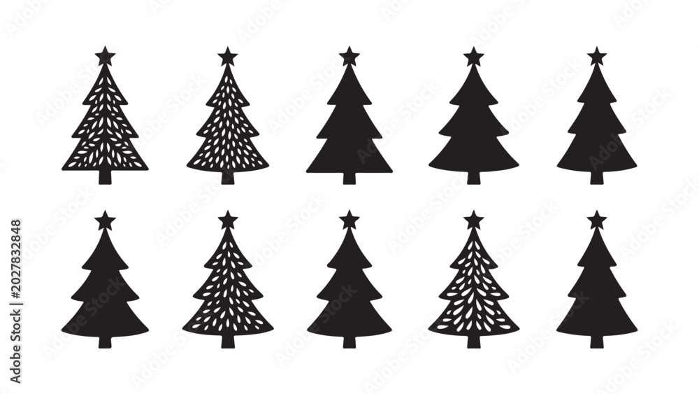 Obraz premium Set of stylized Christmas trees with intricate patterns isolated on transparent background