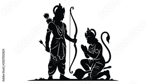 Foto black and white silhouette of Lord Ram and Hanuman very high quality vector illustration