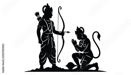 Canvas Print black and white silhouette of Lord Ram and Hanuman very high quality vector illustration