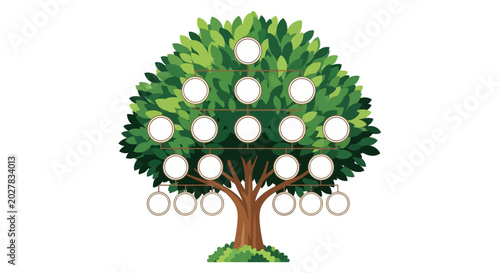 Foto Family tree, genealogy icons, white circles, green leaves, brown trunk, family t