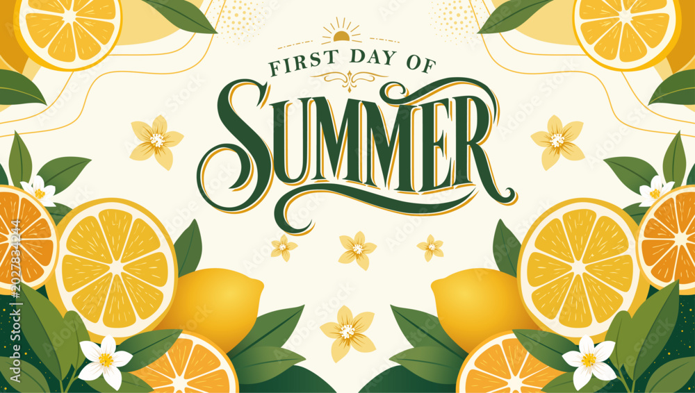 Fototapeta premium First Day of Summer Banner with Lemon Citrus, Floral Elements and Elegant Vintage Typography