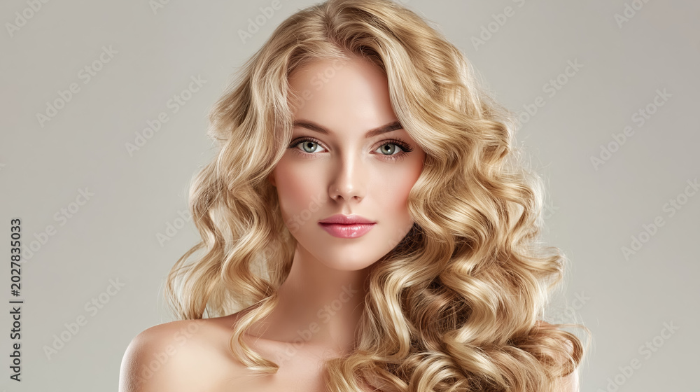 Naklejka premium Beauty blonde woman with long shiny wavy hair, curly hairstyle, air touch coloring, natural makeup and soft glamour studio portrait