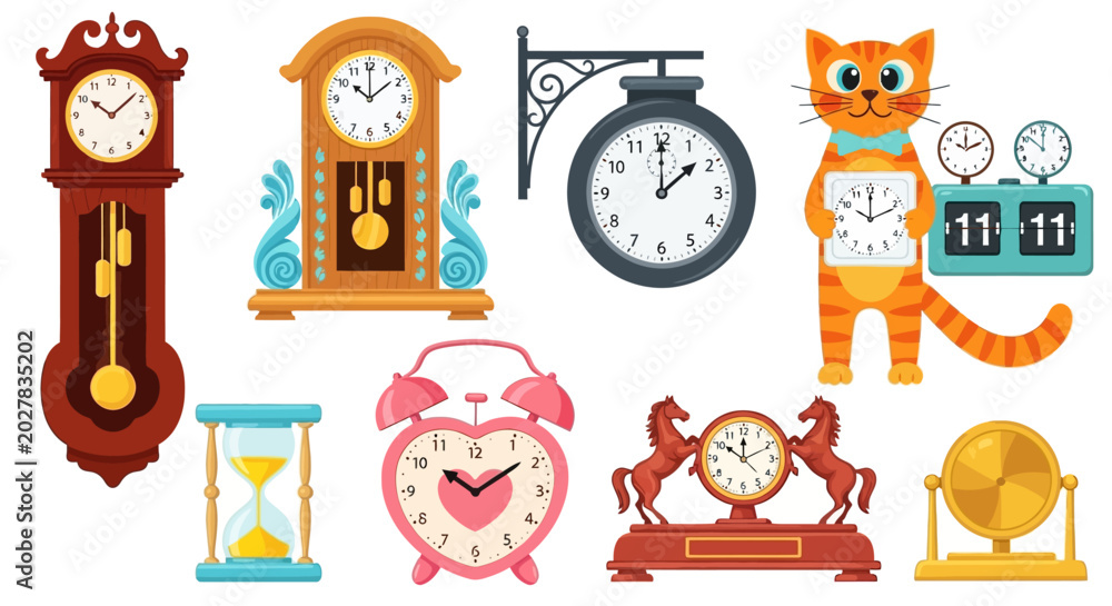 Fototapeta premium Colorful clock icons, time management symbols, vector illustrations, alarm clock graphics, 8 elements