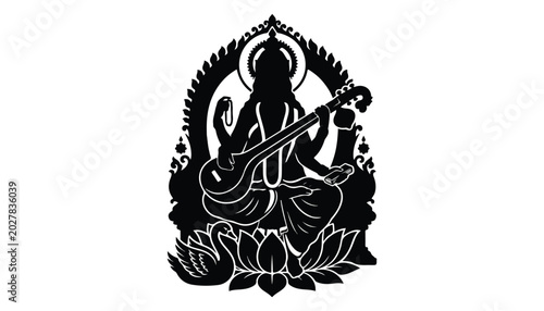 Quadro em tela black and white silhouette of Maa Saraswati very high quality vector illustration