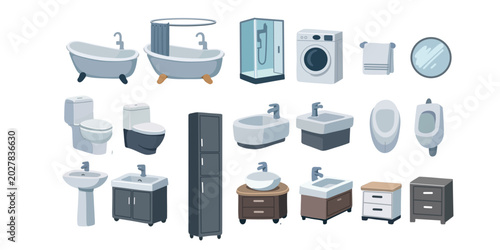 bathroom furniture and fixtures set isolated on white background illustration
