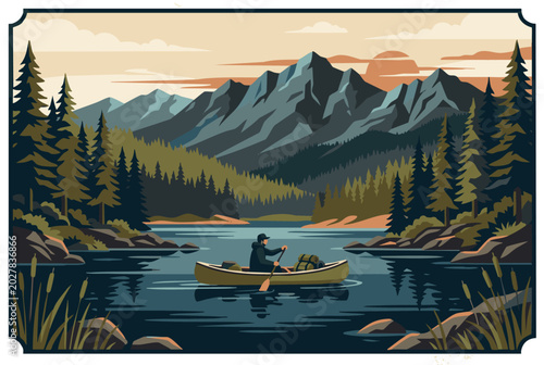 minimal flat vector illustration of solo canoe camper paddling through peaceful lake