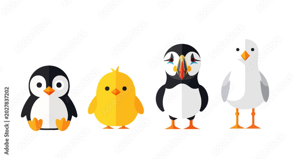 Fototapeta premium Cute birds, cartoon penguins, puffins, seagulls, and chicks, colorful vector illustrations, animal icons, kids education, wildlife graphics