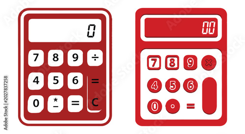 Two red calculators with digital number displays for business and math