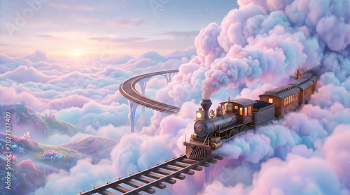 Fantasy Steam Train Journey Through Cloudscape: Dreamy Transportation Adventure for Imagination and Creative Projects