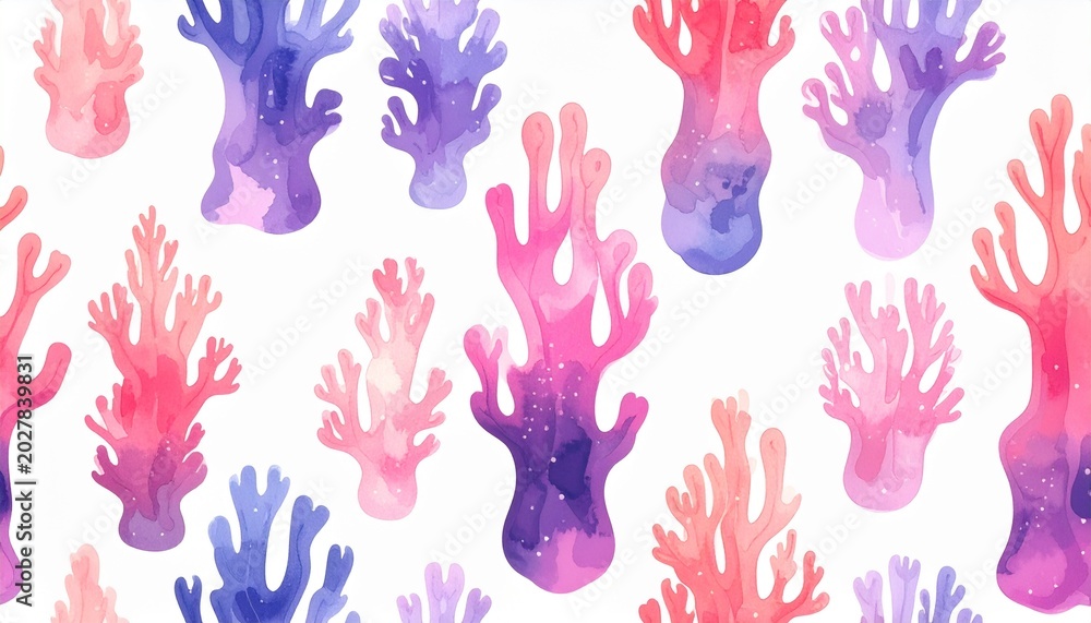 Fototapeta premium Colorful coral and seaweed seamless pattern in watercolor style on white background