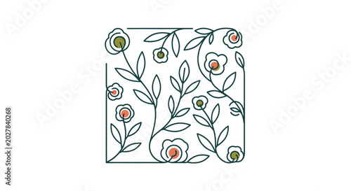 Floral line art illustration with leaves on white background