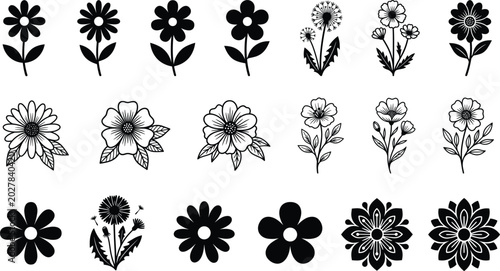 Collection of Stylized Flower Illustrations with Silhouettes and Line Drawings in Decorative Artistic Floral Design Set