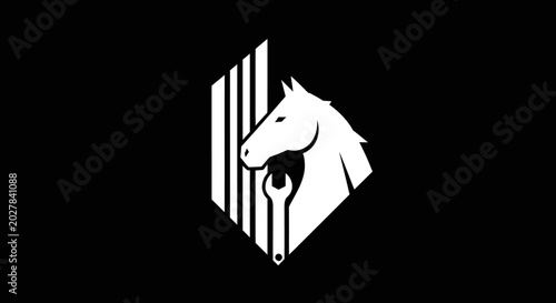 Tableau sur toile Abstract black and white illustration of a horse's head within a diamond, featur