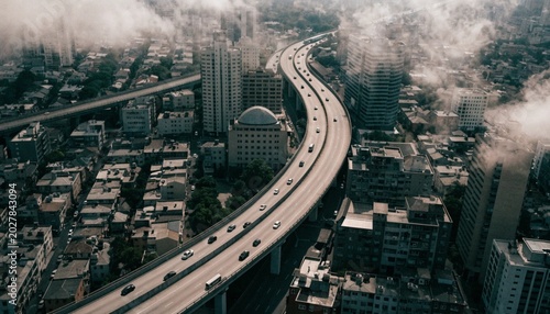 Schilderij op canvas Aerial view of highway and overpass in city on a cloudy day