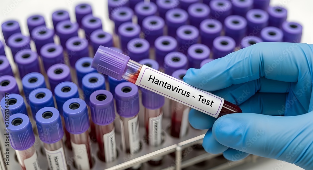 Fototapeta premium A close up view of a hand in a blue latex glove holding a medical test tube labeled hantavirus test with a rack of purple capped collection vials behind