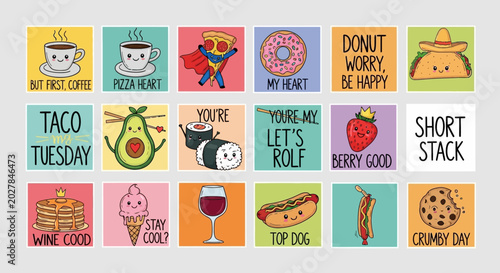 Tableau sur toile Cute food character sticker collection with funny puns