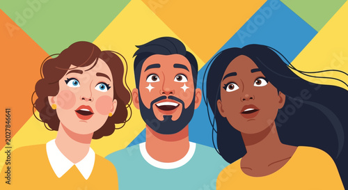 Photos Diverse group of amazed people looking up with excitement