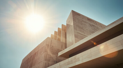 Modern concrete architecture with stepped geometric facades under bright sun glare and lens flare