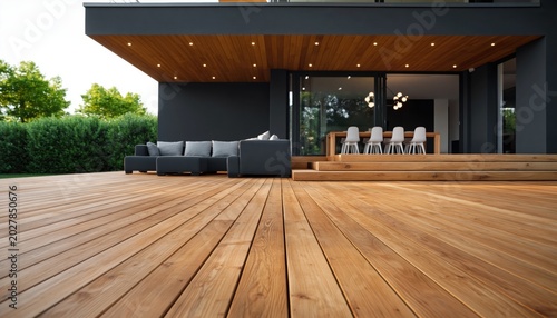 Terrace deck with modern house exterior architecture and comfortable outdoor wood furniture
