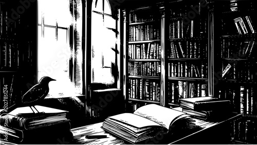 Foto A bird perches on a stack of books in a dimly lit library with tall bookshelves