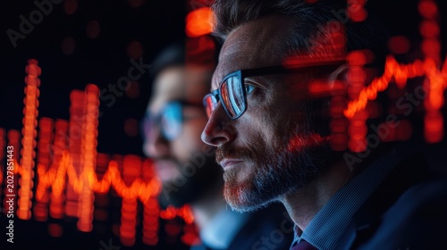 Professional financial analysts monitor global market stock trading charts in digital office environment