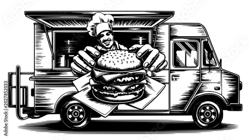 Vintage style food truck illustration featuring a chef presenting a large stacked burger