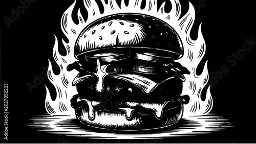 Fiery burger skull illustration vintage style fast food graphic for restaurant branding