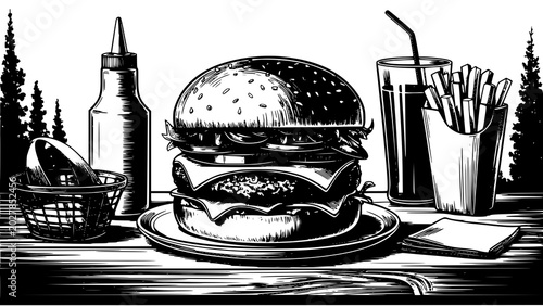 Vintage woodcut illustration of a classic cheeseburger with fries and condiments