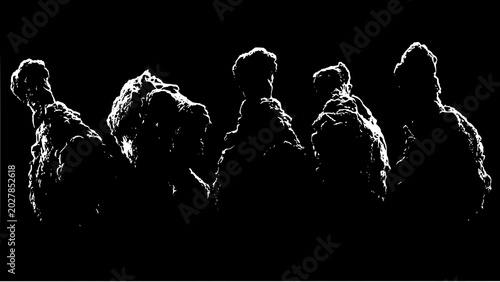 Monochrome silhouette of five people facing away