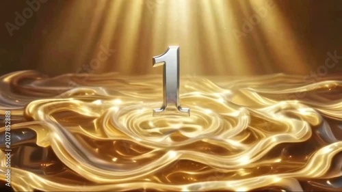 Golden Countdown Number 1 on Liquid Waves Motion Background