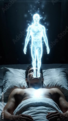 Glowing ethereal soul rising from bare chested sleeping man body. Vertical video