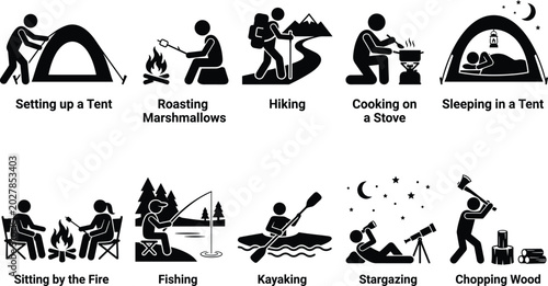 Tableau sur toile Camping Activity Icon Collection with Hiking Fishing Kayaking Stargazing and Out