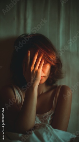 Young woman with insomnia sitting on bed and covering her face, vertical photo